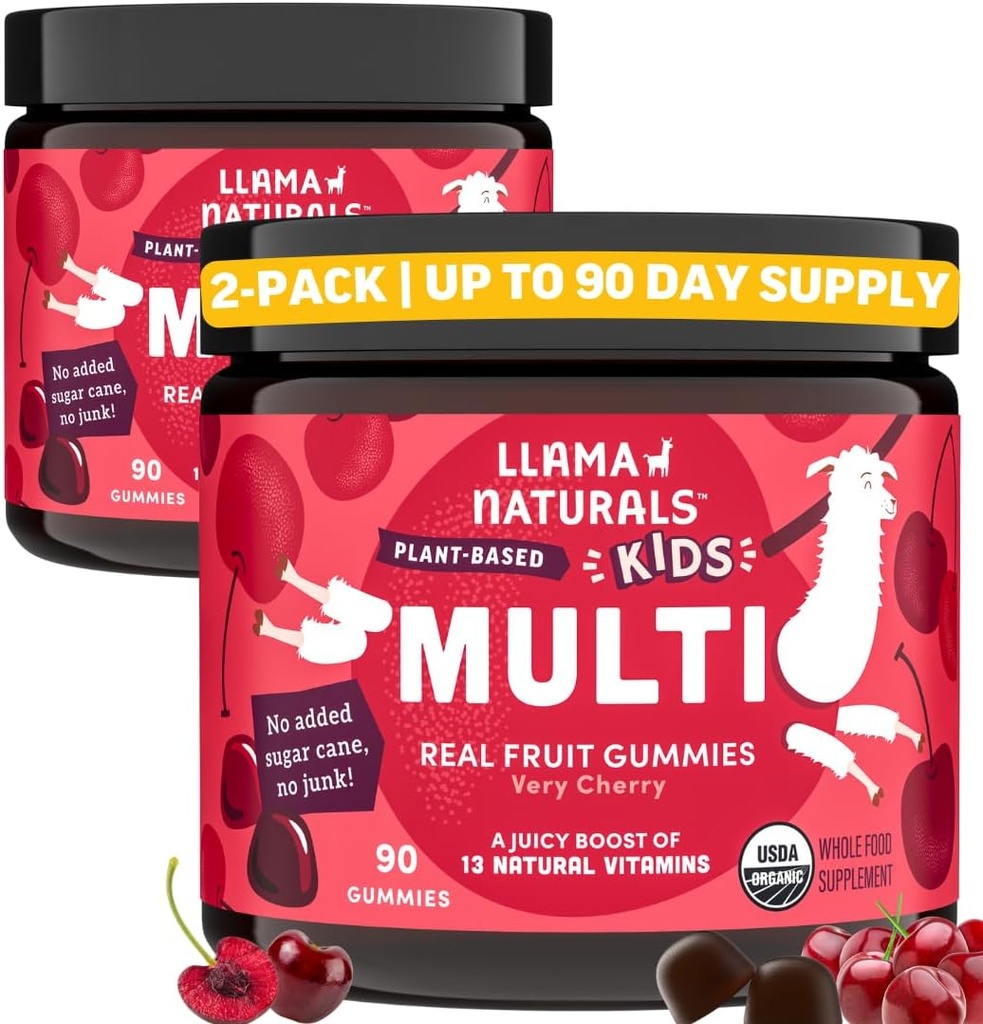 Llama Naturals Kids Multivitamin Gummies, טבעוני, אורגני עם ויטמין D, C & K, טודלר אמיתי פירות חניכיים ויטמין, תוספת צ'ילה מזון רב ויטמין, לא תוספת סוכר Cane, צ'רי, 2 Pk