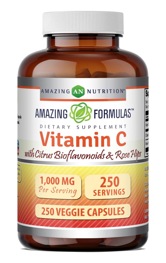 פורמולה מדהימה ויטמין C עם Rose HIPS & Citrus Bioflavonoids | 1000 Mg לכל תוספת לשרת | 250 ווג'י קפסולות | Non-GMO | Non-GMO | Getten-Free | Made in USA