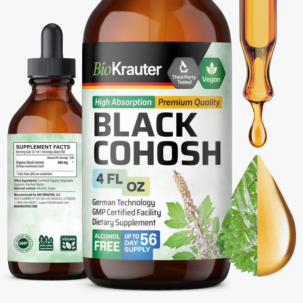 BIO KRAUTER Black Cohosh Tincture - טבעוני שחור Cohosh תוספי נשים תמיכה - אלכוהול וסוכר חינם - 4 Fl.Oz.