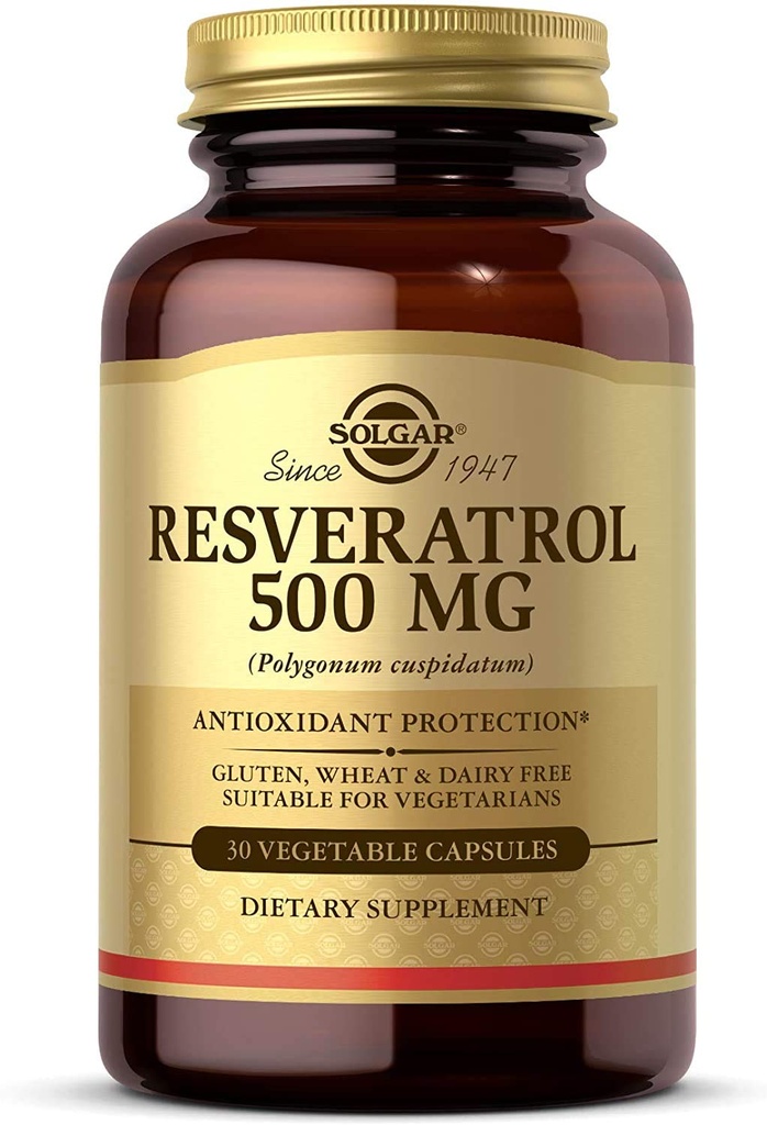 Solgar Resveratrol 500 מ"ג, 30 קפסולות ירקות - הגנה מפני חמצון - גלוטן חינם, חלב חינם - 30 מנות