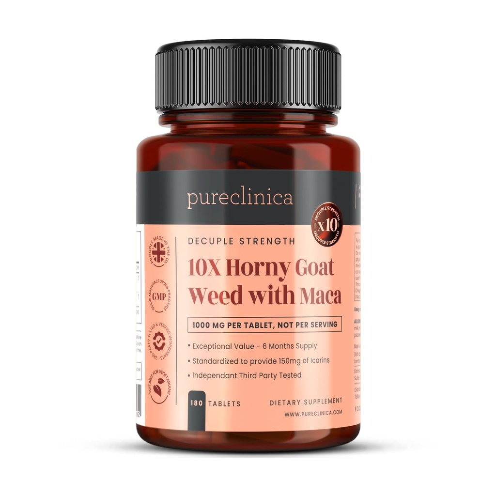 Pureקלינה 10X Hory Goat Weed & Maca לחלץ 6250 מ"ג X 180 טבליות (6 חודשים אספקת) -10 X More Icariins - w/5mg Black Pepper עבור 300% הגדלת Absorption