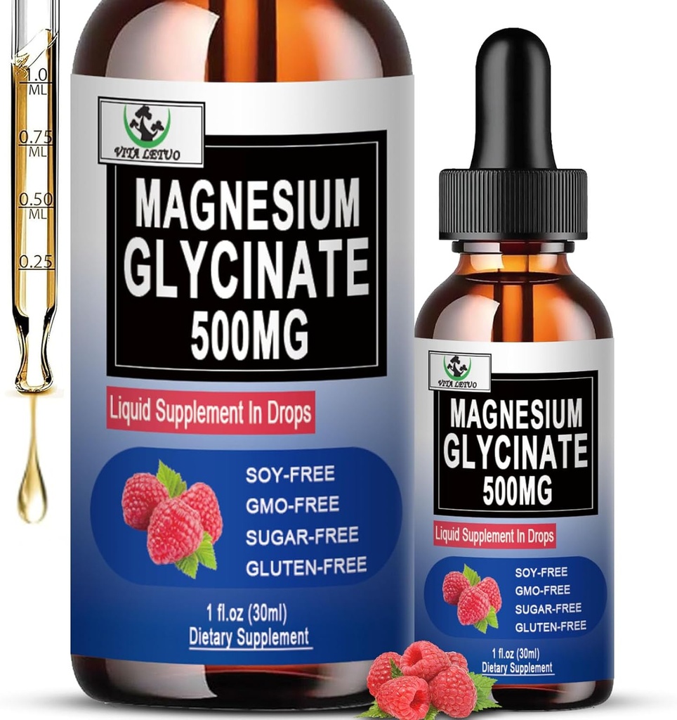מגנזיום טהור Glycinate | נוזל Magnesium תוספת של 500 מ"ג לשינה, עצבנות, עצם ובריאות הלב | טבעוני Glycinate Mag טיפות 6X High Absorption