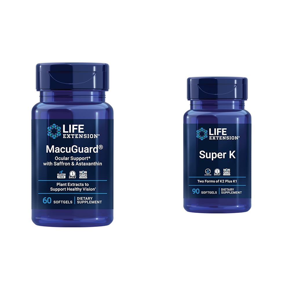 Life Extension Macuguard Eye Health Supplement with Lutein, Meso-Zeaxanthin, Saffron & Astaxanthin - 60 Count and Super K1 K2 MK-7 MK-4 C - 90 Softgels