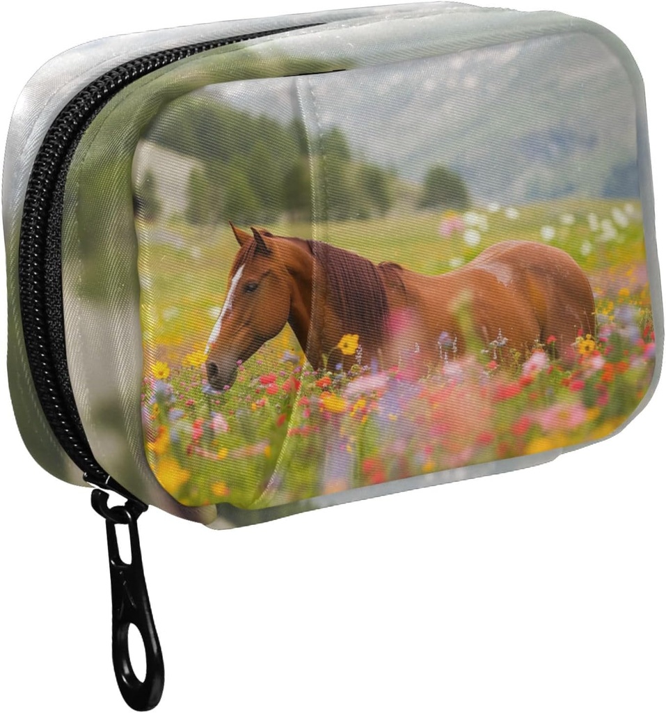 Fustylead Long Mane Horse in Colorful Flower Field Pill Productionser Case with Zipper 2 Times A Day for ויטמין and Supplement, 7 Day Travel Organer Medicine Case