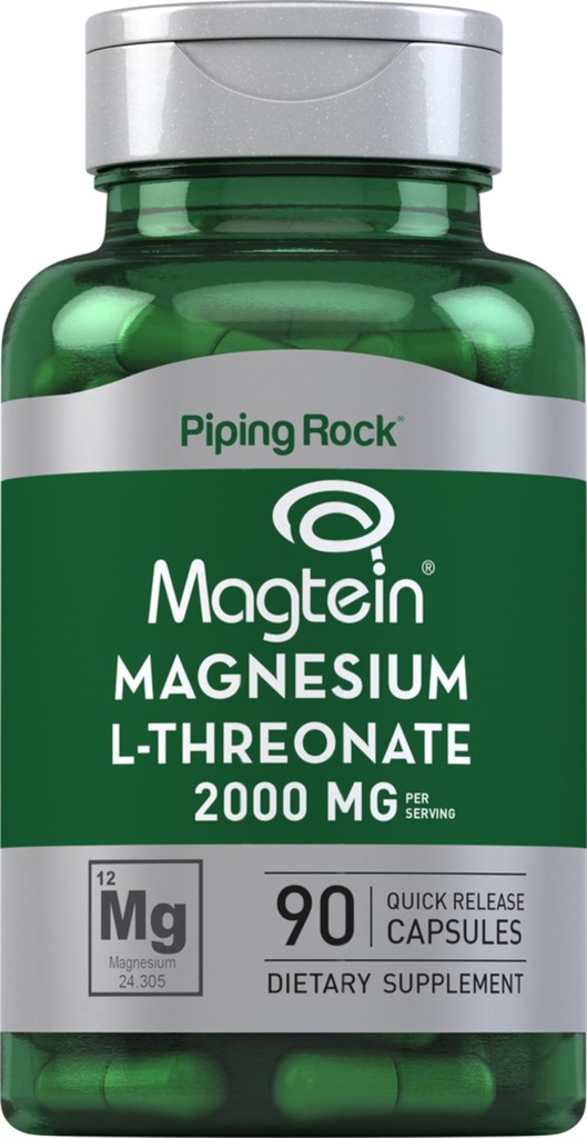 Piping Rock Magnesium L-Threonate קפסולות | 2000mg | 90 Pills | עם Magtein | תוספת לגברים ונשים | Non-GMO, Gluten Free