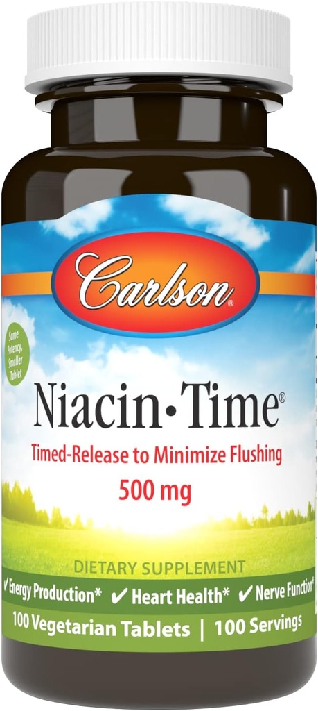 Carlson Niacin-Time 500 מ"ג, ויטמין B-3, Time-Released, 100 טבליות