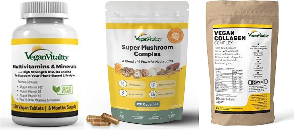 טבעוני Vitality Booster תוספי Bundle - multivitamins, Collagen ו Super Mushroom Complex. פורמולה מבוססת צמחית גבוהה לבריאות כוללת עבור טבעונים וצמחונים