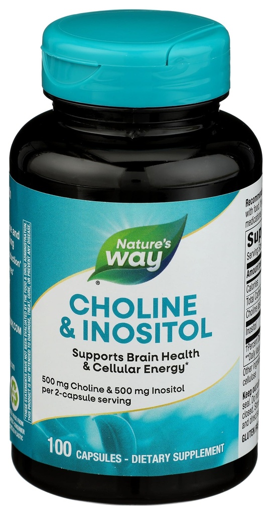 Nature's Way Choline & Inositol, תומך בבריאות המוח ובאנרגיה סלולרית *, 500 מ"ג כולסטרול ו 500 מ"ג Inositol עבור מנה 2capsule, Gluten Free, 100 קפסולות (Packaging May Vary)
