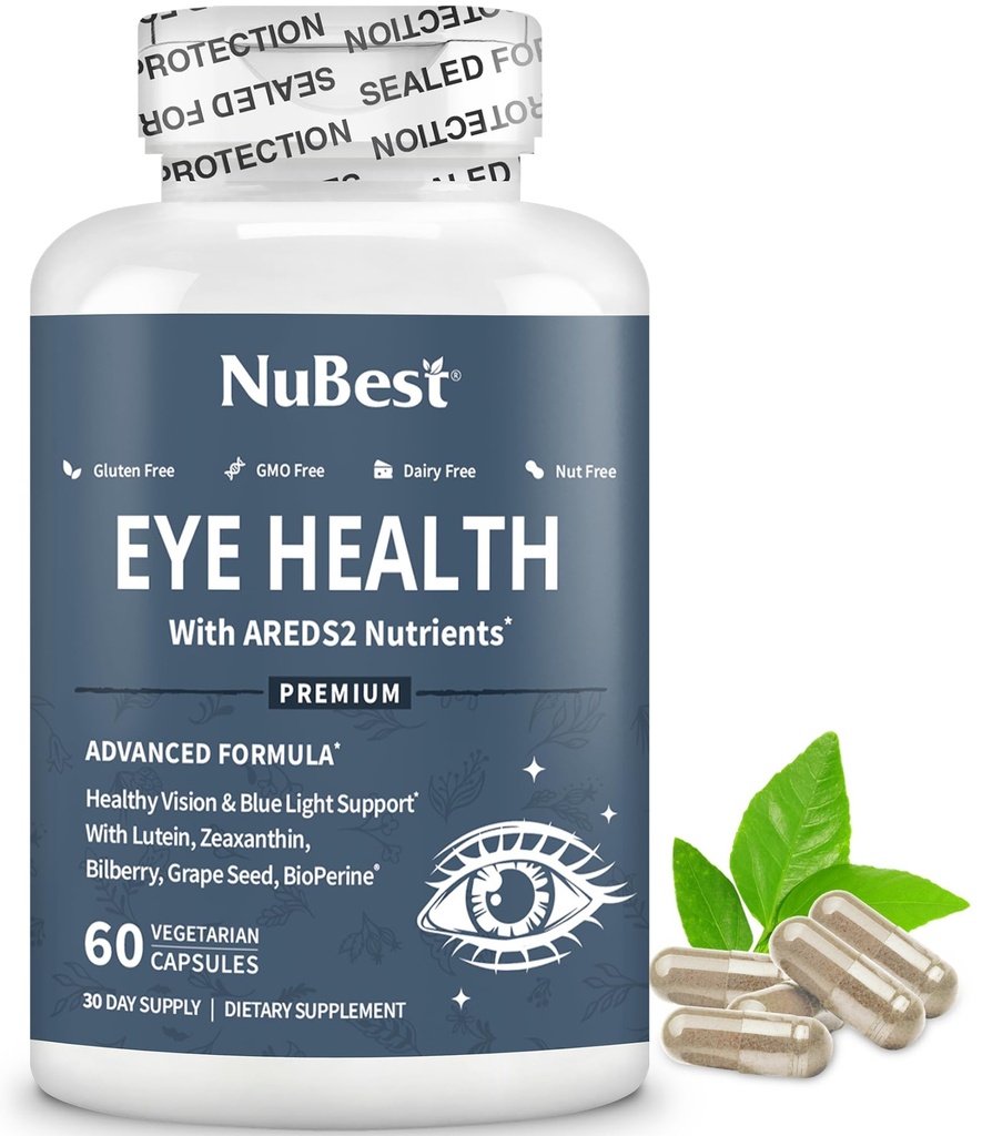 NuBest AreDS 2 ויטמין עין עם אבקת Beta Carotene Carrot, 20 מ"ג Lutein, 4 מ"ג Zeaxanthin, Bilberry, Grape Seed, BioPerine, B-Complex, Multivitamin for Eye Health | 1 חודש אספקת אספקת מזון