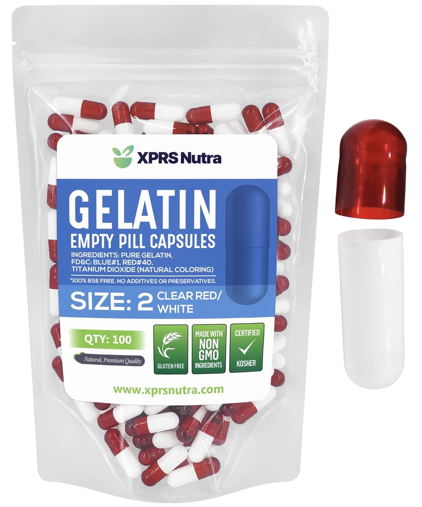 XPRS Nutra Size 2 קפסולות ריקות - 100 הרוזן ריק Gelatin קפסולות - Pills DIY כמוסות מילוי - Pure Bovine Pill Gel Caps for Do-It-Yourself Supplements (Clear Red/White)