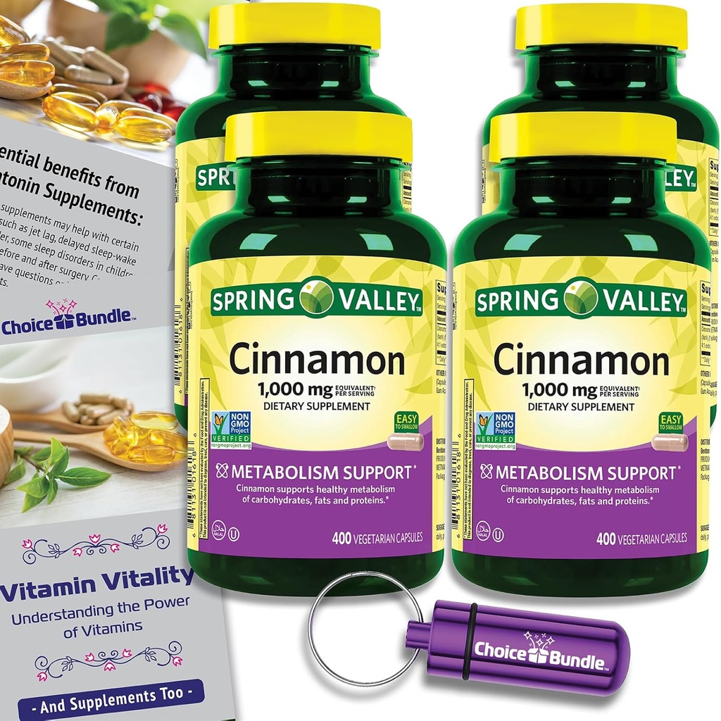 בחירת Bundle Spring Valley Cinnamon Dietary תוסף 1000 מ"ג 400 קפסולות וטרינריות 4 pk (1600 Total) + "Vitamin Vitality" Guide & Pill Container (6 פריטים)!