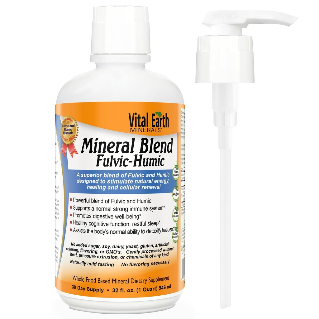 Vital Earth מינרלים Fulvic Humic מינרלים תערובת עם משאבה - תוסף Fulvic Acid עם 70+ Trace מינרלים, אלקטרוליטים לשיקום, איזון ואנרגיה, 32 Oz