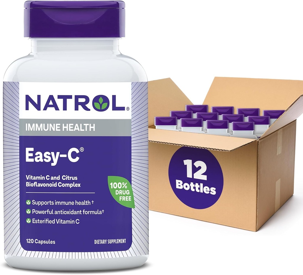 Natrol Easy-C תומך בבריאות החיסון עם ויטמין C ו- Bioflavonoids, bios Vegi כמוסות, 500 מ"ג, 120 Count (Pack of 12)