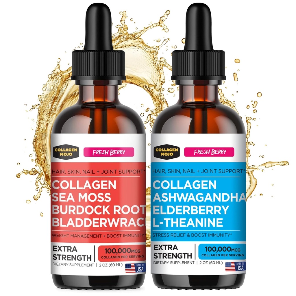 Collagen Mojo Liquid Collagen Peptides with Sea Mosss, Burdock Root & Bladderwrack + Liquid Collagen Peptides with Ashwagandha, Elderberry & L-theanineine