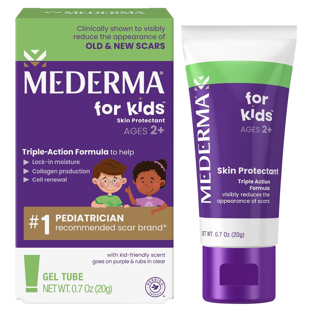 Mederma Scar Gel for Kids - מפחית את הופעתם של סקרים ישנים וחדשים מחתכים, ברנס, ניתוח, Insect Bites & Scrapes, Grape Scented, הולך על Purple & Rubs ב Clear, Ages 2 +, 0.70 Oz0 Oz