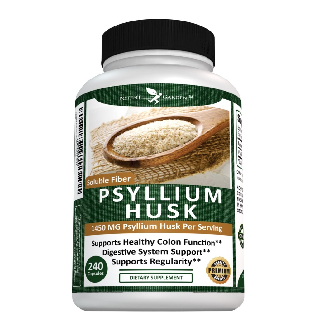 הגן Potent Garden Psyllium Husk קפסולות All Natural & Powerful Soluble Dietary Supplement מסייעות לתמוך סדירות & העיכול, 240 Caps
