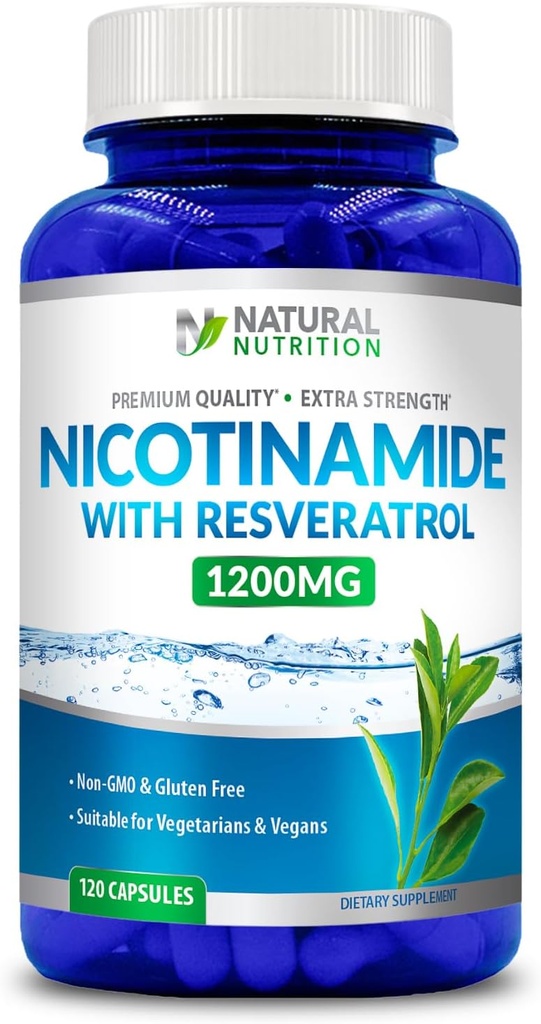 Generic Natural ויטמין תוספת כוח Nicotinamide עם Resveratrol 1200 מ"ג (Vitamin B-3) 120 קפסולות Veggie Gluten Free & non-GMO
