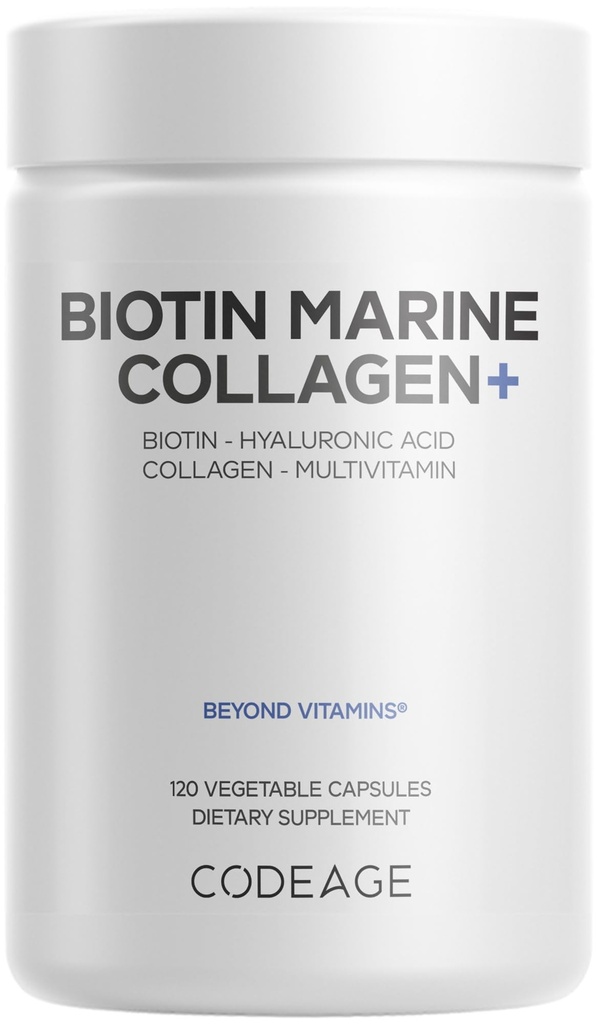 Codeage Biotin Marine Collagen Peptides - Wild-Caught Marine Collagen Types I & III, Biotin, ויטמין C & E, Hyaluronic Acid, Amino Acids, פירות ו-Herb בלנדר, non-GMO - 120 קפסולות