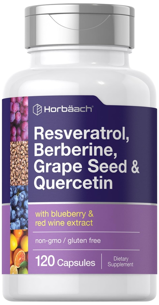 Horbäach Resveratrol Berberine Grape Seed & Quercetin | עם Blueberry & Red מיצוי יין | 120 קפסולות | Non-GMO, Gluten Free & Vegetarian Supplement