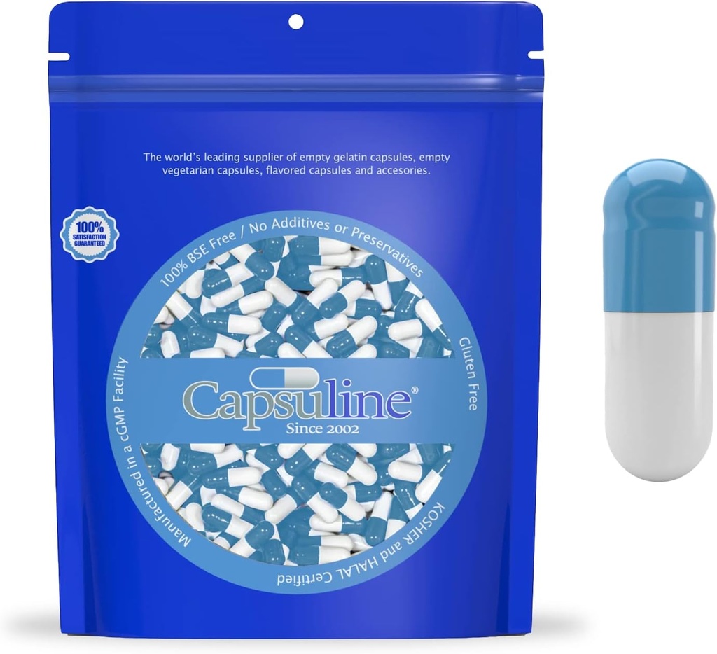 Capsuline Colored Size 0 רוקן Gelatin קפסולות כחול / לבן 5000 הרוזן |Kusher & Halal Certified