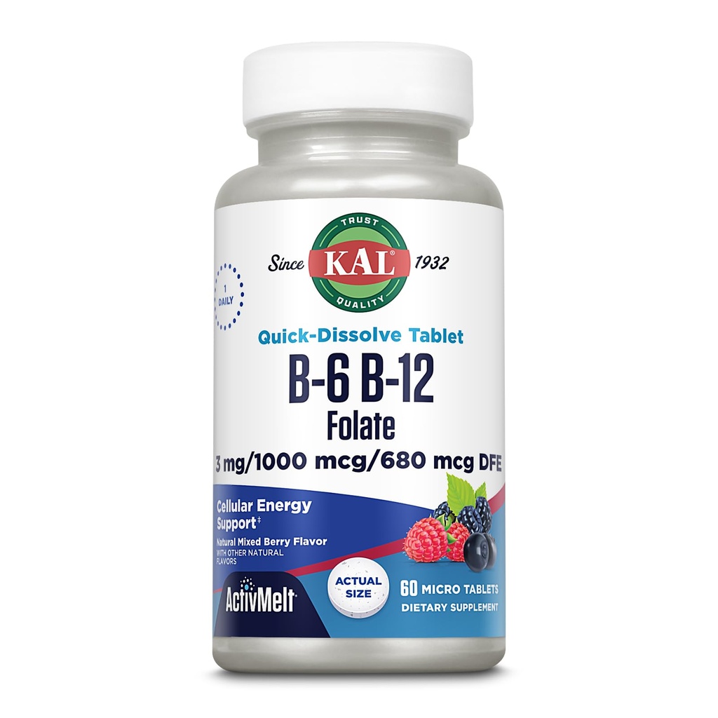 KAL ויטמין B-6, B-12 & Folic Acid תוסף, בריאות הלב, אנרגיה ו Red Blood Cell Support*, עם ויטמין B12 Methylcobalamin & Folate, טבעי ברי פלפור, 60 משרתות, 60 טבליות מיקרו ActivMelt