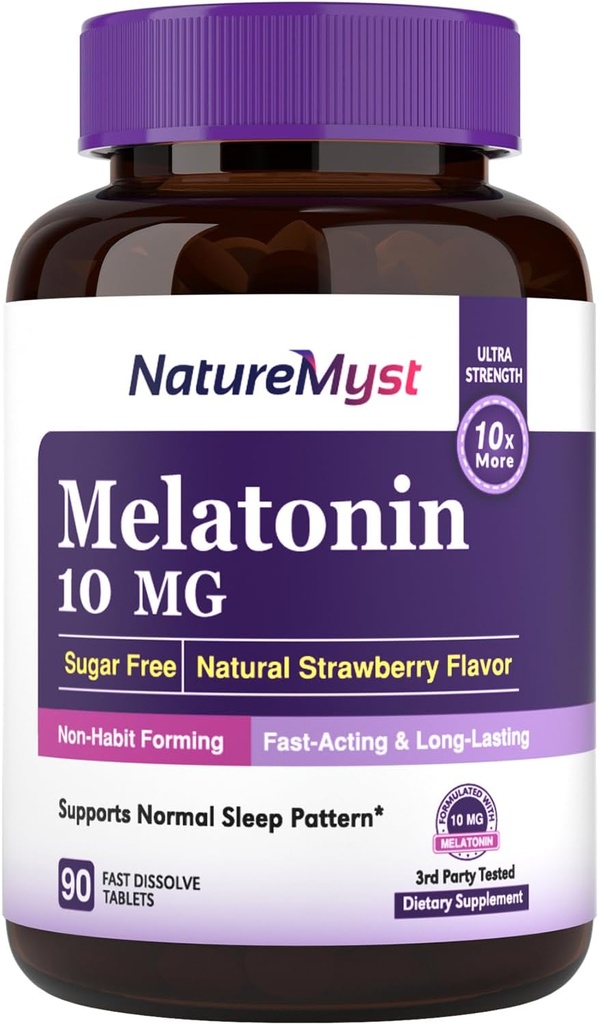 Melatonin 10 MG, Fast Dissolve Tablets, Ultra Power, Non-Habit Forming, Sleep & Calmness Support, No Sugar, Natural Strawberry Flavor, 90 טבליות