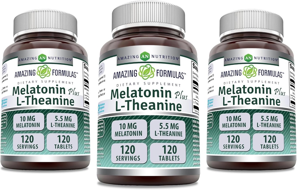 פורמולה מדהימה מלטונין 10 Mg Plus L-Theanine 5.5 Mg תוסף | 120 טבליות | Non-GMO | Gluten Free | Made in USA | Pack of 3