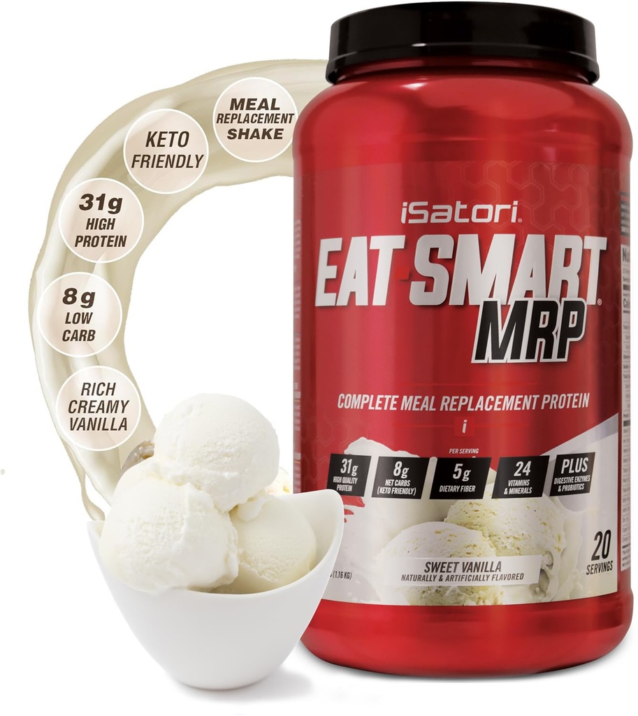 ISatori Eat Smart MRP, חלבון גבוה מהחלפת שקד עם אבקת חלבון Whey, אבקת Probiotics, Casein חלבונים, שמן MCT, תקליט ביצים, ויטמינים ומינרלים, Keto, Vanilla Flavor, 20 משרתים