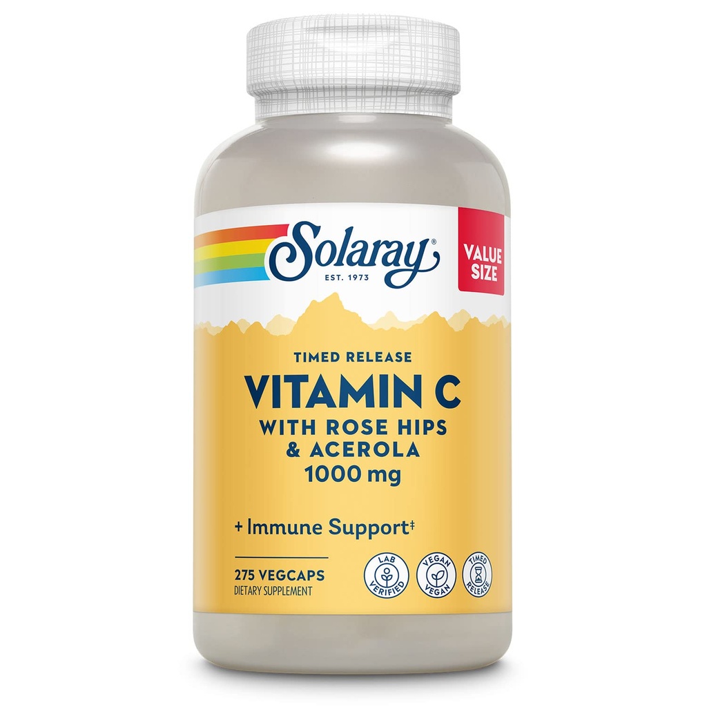SOLAרי ויטמין C 1000mg Timed לשחרר קפסולות עם Rose HIPS & Acerola Bioflavonoids, 2-Stage for High Absorption & All Day Immune Function Support, 60 יום ערבות, 275 משרתים, 275 VegCaps, 275 VegCaps