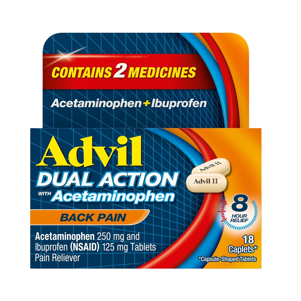 Advil Double Action Back Pain Caplets מספק 250 מ"ג Ibuprofen ו 500 מ"ג Acetaminophen Per Dose עבור 8 שעות של כאבי גב - 18 Count Count
