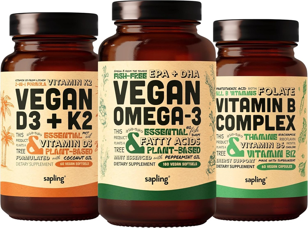 אומגה 3 180 Softgels & טבעוני D3 + K2 & ויטמין B Complex Bundle - Plant Based DHA & EPA Fatty Acids, 4000 IU ויטמין D3 ו 100mcg ויטמין K2, ויטמין B חיוני