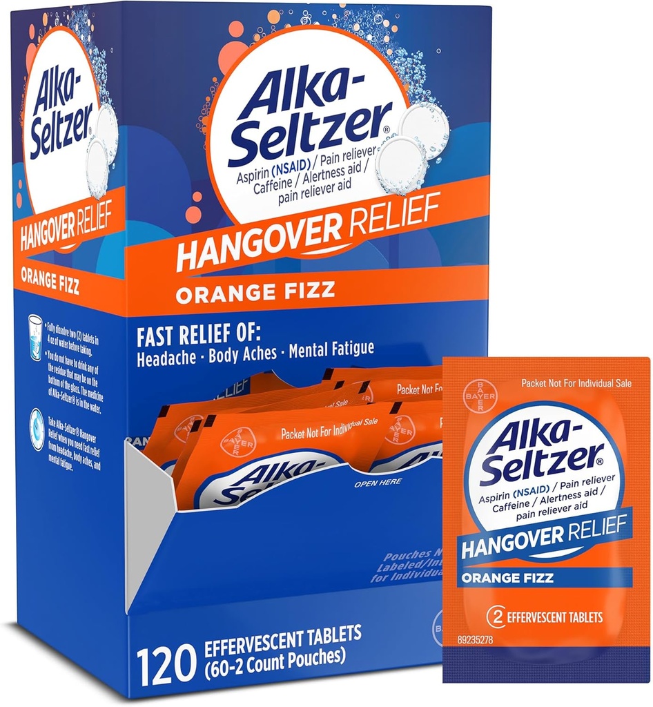 Alka-Seltzer Hangover טבליות, הקלה מהירה מתחילה בערך 15 דקות עבור כאבי ראש, כאבי גוף ושומן נפשי, מסיבת הרווקות ומפלגת ראשון, Dispenser Pack, Count 120