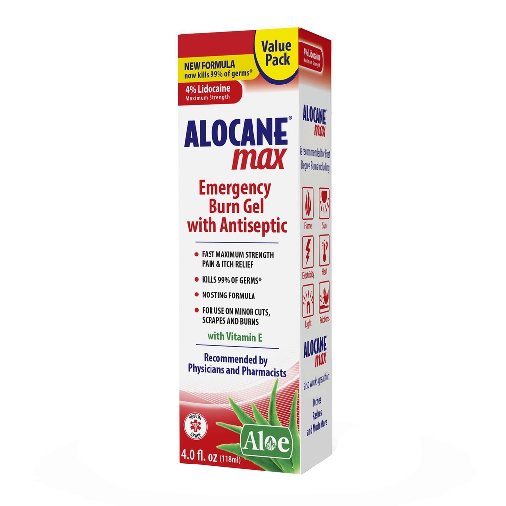 Alocane Max Emergency Burn Gel, 4% Lidocaine hydrochloride, .13% Benzalkonium Chloride, מקסימום כוח הקלה, Itch הקלה, עבור Sunburns, מטבח, קרינה, כימיקלים, First-Degree Burns, 4 Fl Oz Oz Oz, 4 Fl Oz Oz Oz