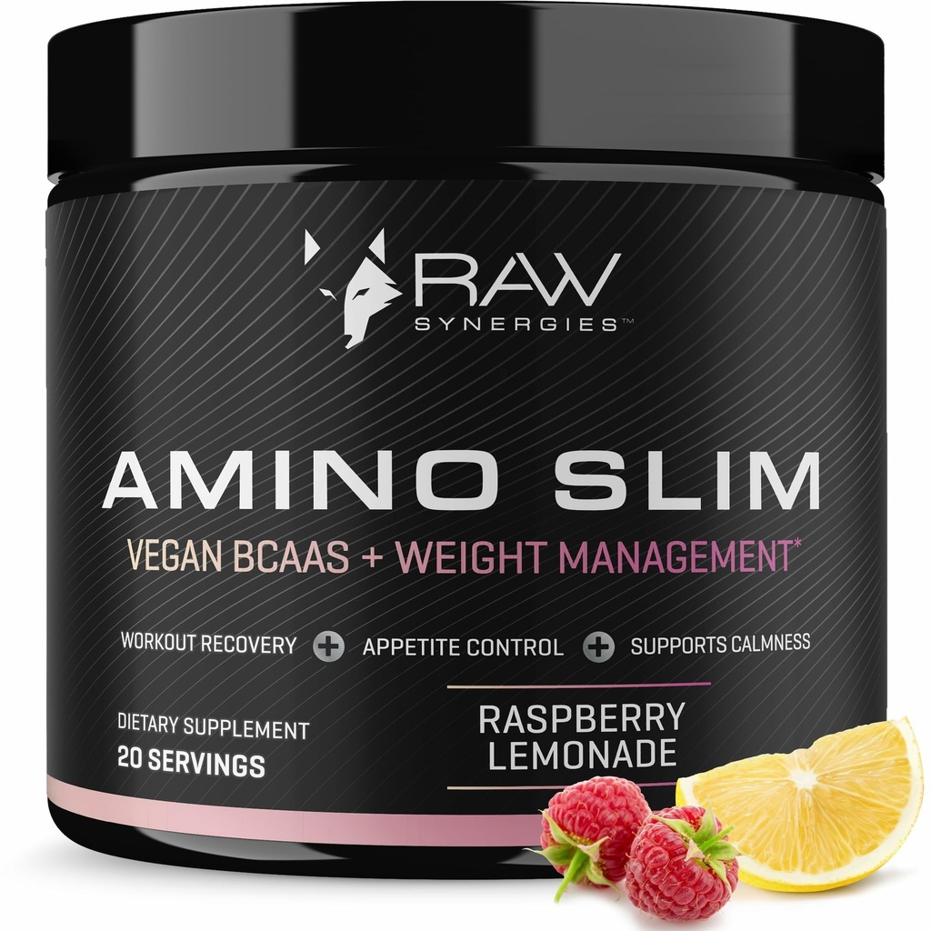 RAW Synergies Amino Slim - Active Lifestyle Supplement for Metabolic & Mindful Eating Support - שריר ואנרגיה תמיכה - Sugar-Free & Vegan - פטל לימונדה - 20 משרתים