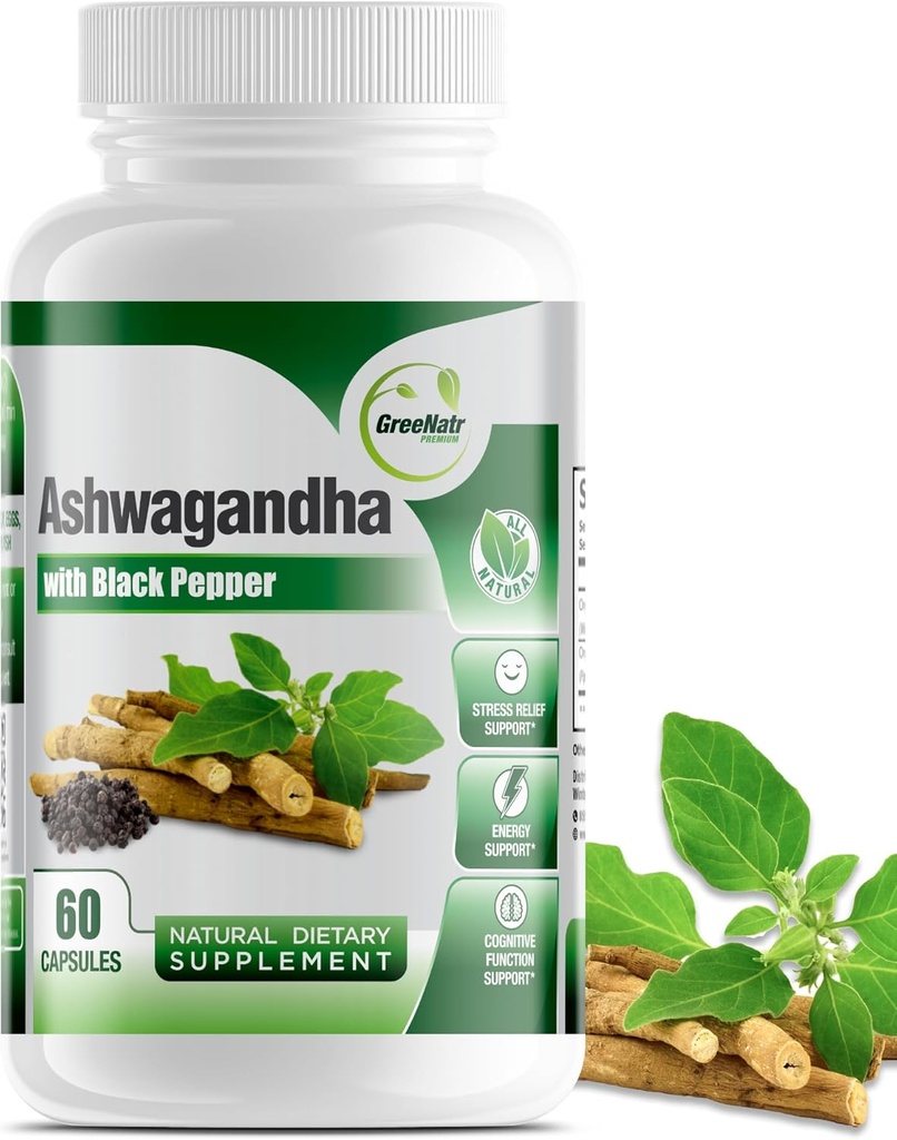GreeNatr Organic Ashwagandha כמוסות עם Black Pepper עבור Absorption משופרת - Mood Enhancer עם אנרגיה ותפקוד קוגניטיבי - 1300 מ"ג Veggie קפסולות (1בק)