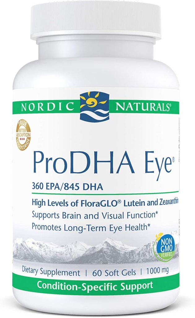 Nordic Naturals ProDHA עין - שמן דגים, 360 מ"ג EPA, 845 מ"ג DHA, 20 מ"ג פלורה GLO Lutein, 4 מ"ג Zeaxanthin, תמיכה פונקציונליות נוירולוגית ובריאות עיניים לטווח ארוך *, 60 גלימות רכות