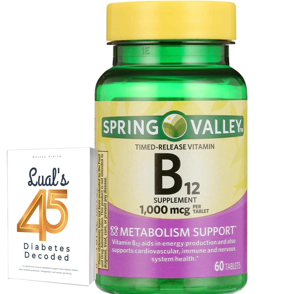 Spring Valley Timed-Release ויטמין B12 Tablet, 1,000 מקג, 60 Count, B12 Complex for Women and Men Bundle עם 45 סוכרת דקודד
