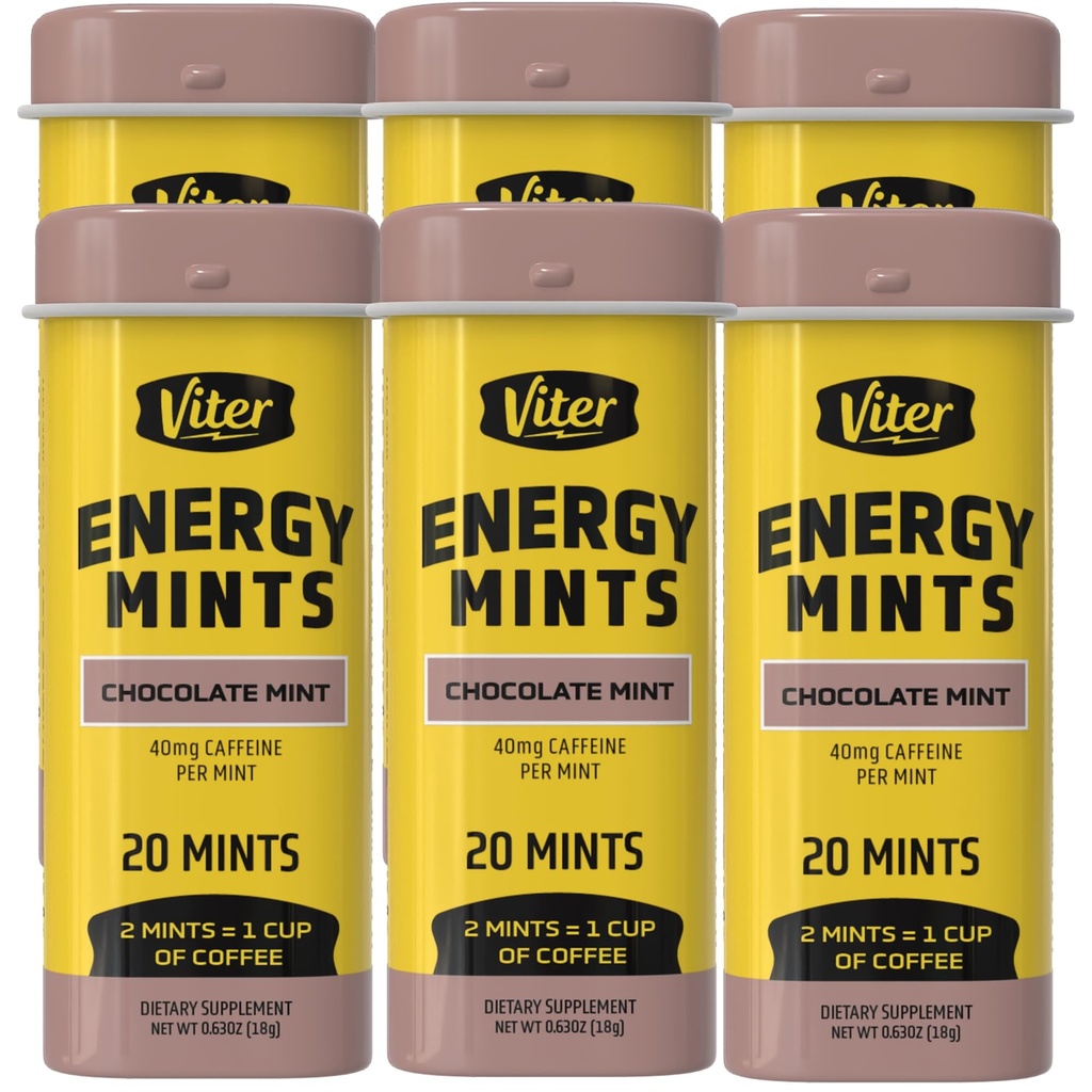Viter Energy Caffeinated Mints 40 מ"ג Caffeine, B ויטמינים, סוכר חינם (Chocolate Mint, 20pcs, 6 Pack)