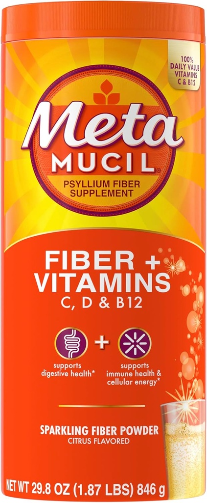 Metamucil Sparkling סיבים תוסף + ויטמינים, צמחי מבוסס Psyllium Husk אבקת עם ויטמינים C, D & B12, Daily סיבים תוספת לבריאות העיכול, Citrus Flavored, Sugar-Free, 90 משרתות