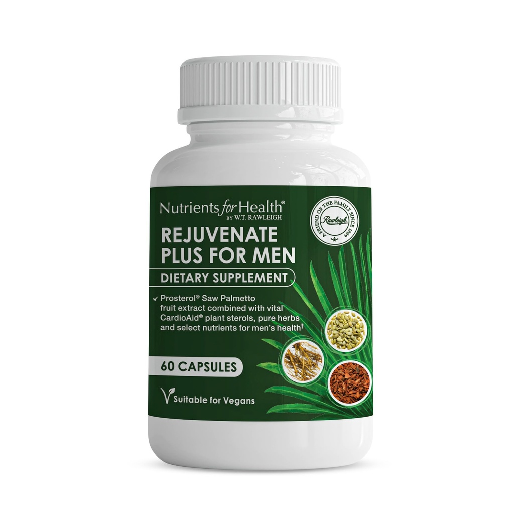 Rawleigh Rejuvenate Plus עבור גברים: 60 קפסולות טבעוניות | High-Potency 320 מ"ג ראה את Palmetto | Pumpkin Seed, Pygeum Bark | Plant Sterols, Lycopene & Rosemary | Prostate Health Support Supplement