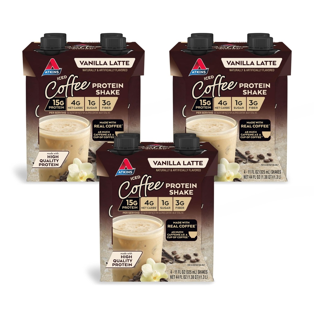 Atkins Iced Coffee Vanilla Latte חלבונים Shake, 15g חלבון, נמוך Glycemic, 4g Net Carb, 1g Sugar, Keto Friendly, 12 חבילות של 11 עוץ