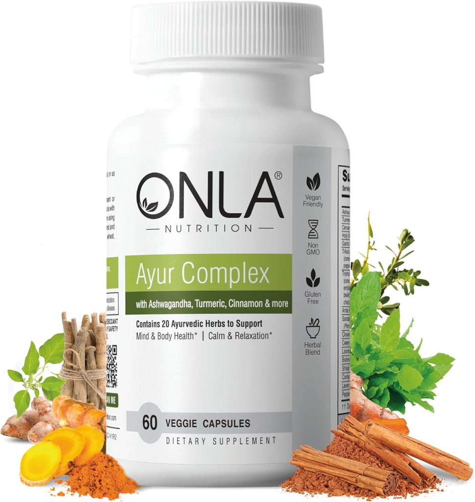 OnLA טבעוני Ayurveda Herbal Supplements (20-in-1 צמחי קפסולות) - תוספי Turmeric עם Ashwagandha, Cinnamon, Triphala, Brai - Natural Ingredients, Herbal Energys (60 Cap)