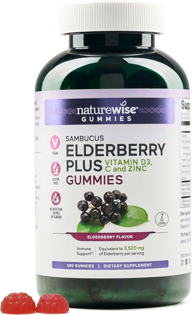 NatureWise Sambucus Elderberry Gummies - Immune Support תוסף לילדים בגילאים 4 ומבוגרים עם ויטמין C, D3, Zinc - Elderberries Equivalent to 3520 מ"ג - טבעוני, Non-GMO - הרוזן 180 [90 יום אספקה]