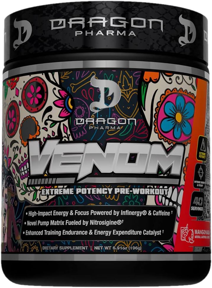 DRAGON PHARMA Venom Extreme Potency Pre-Workout, לייזר Sharp Focus + אנרגיה, Intense Performance, Intense Ingredients for Enhanced Vasodilation & Endurance (שרתים, מנגונדה)