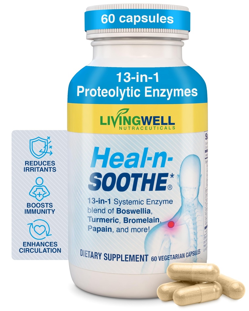 HEAL-N-SOOTHE Joint Support Supplements - Proteolytic Enzymes כמו Bromelain & Papain, עם Boswellia, Turmeric & ג'ינג'ר - מקדם פונקציונליות דיגיטלית והגנה על הגוף - 60 הרוזן (1 Pack)