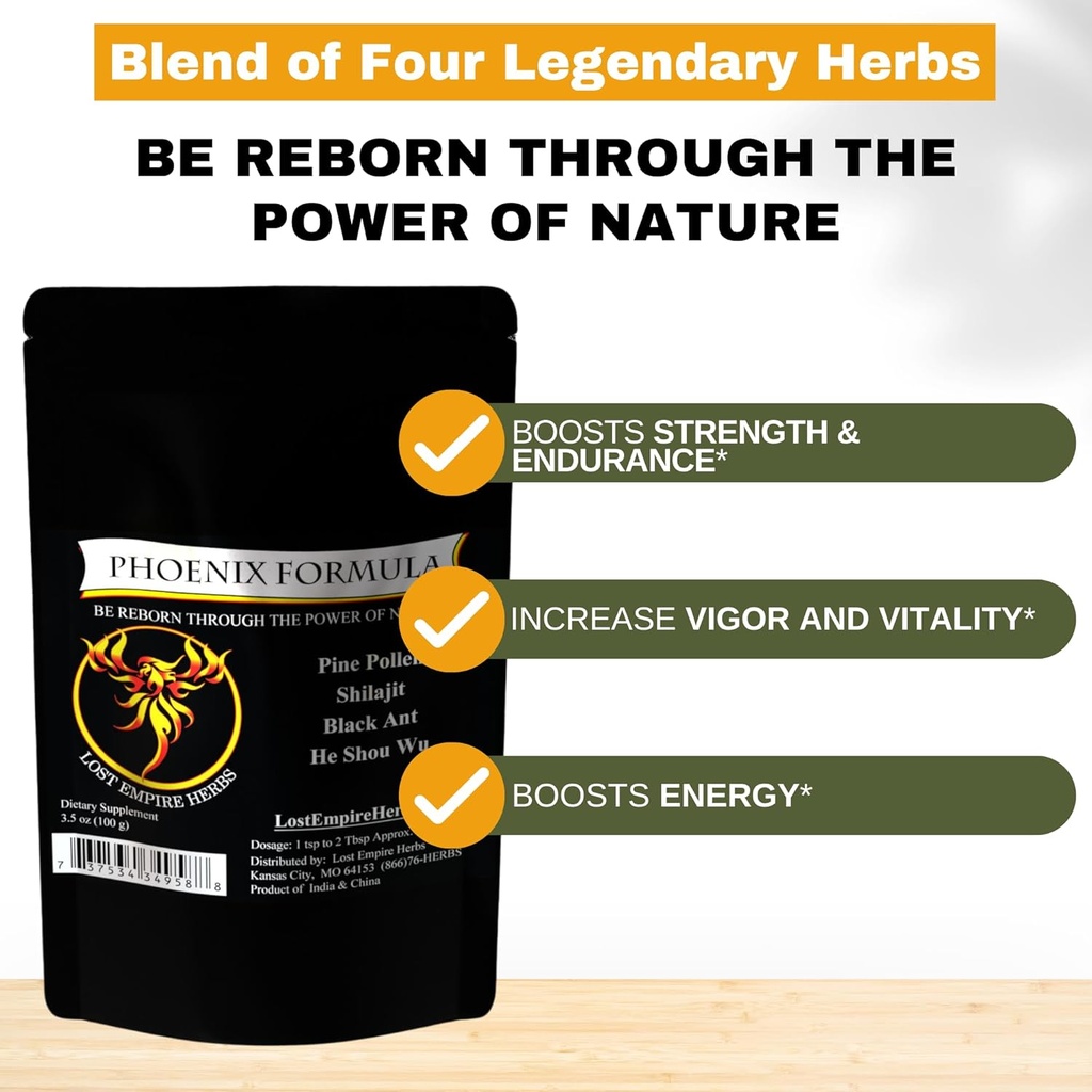 פיניקס Rejuvenation Formula - Lost Empire Herbs Energy Band of 4 Top Natural Health Herbs Pine פולן, He Shou Wu, Ant, and Shilajit (100g אבקת)