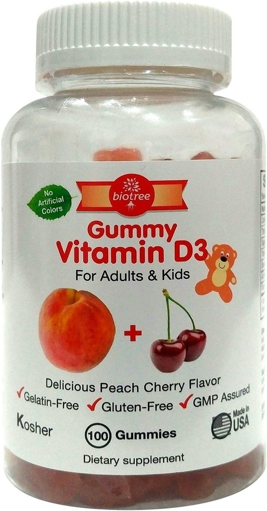 BioTree Labs ויטמין D Gummy Bears - Pack of 100, for Adults & Kids | Peach & Cherry Flavored Chewable ויטמין D3 | גדול עבור עצמות בריאות, שיניים, מערכת החיסון, המוח ומערכת העצבים