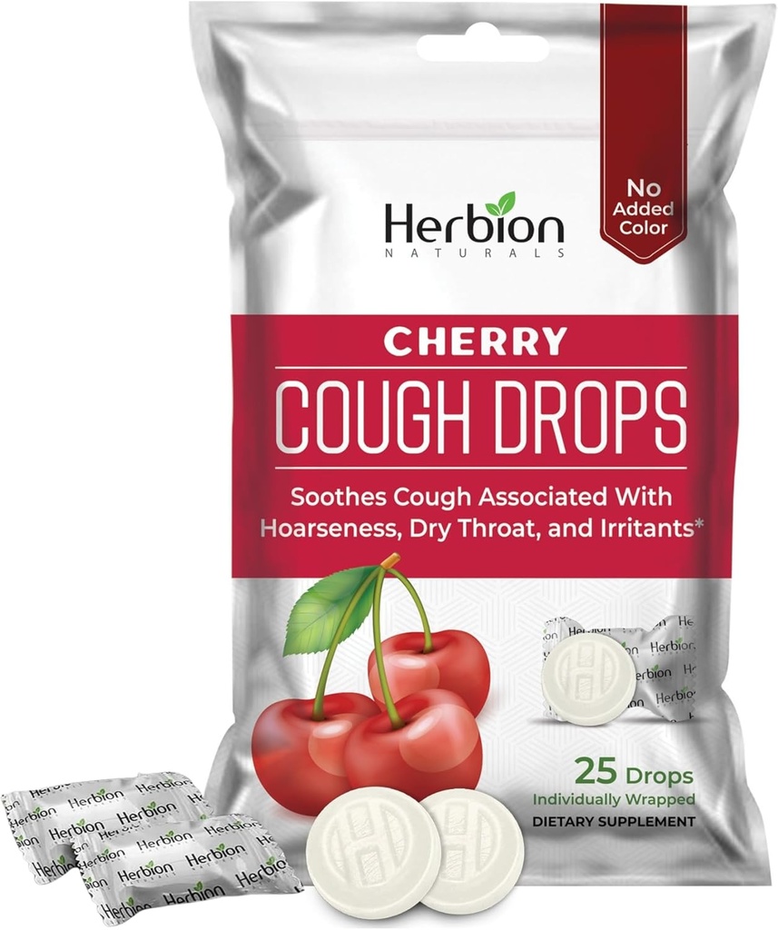 HERBION Naturals Cough Drops with Natural Cherry Flavor, תוספת תזונתית, Soothes Cough, עבור מבוגרים וילדים מעל 6 שנים, 25 טיפות, No Artificial Flavor, Pack of 1