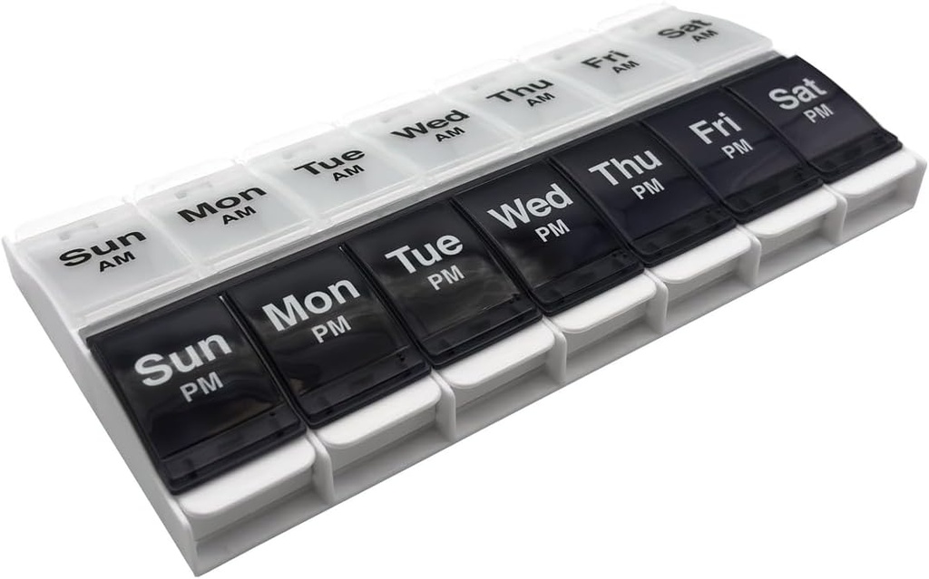 EZY DOSE Push Button (7-Day) Pill Case, Medicine Planner, ויטמין אורגן, 2 פעמים ביום AM/PM Container, X-Large השוואתיות, Arthritis Friendly, Effortless Open, Clear Lids, Blue/White, BPA Free