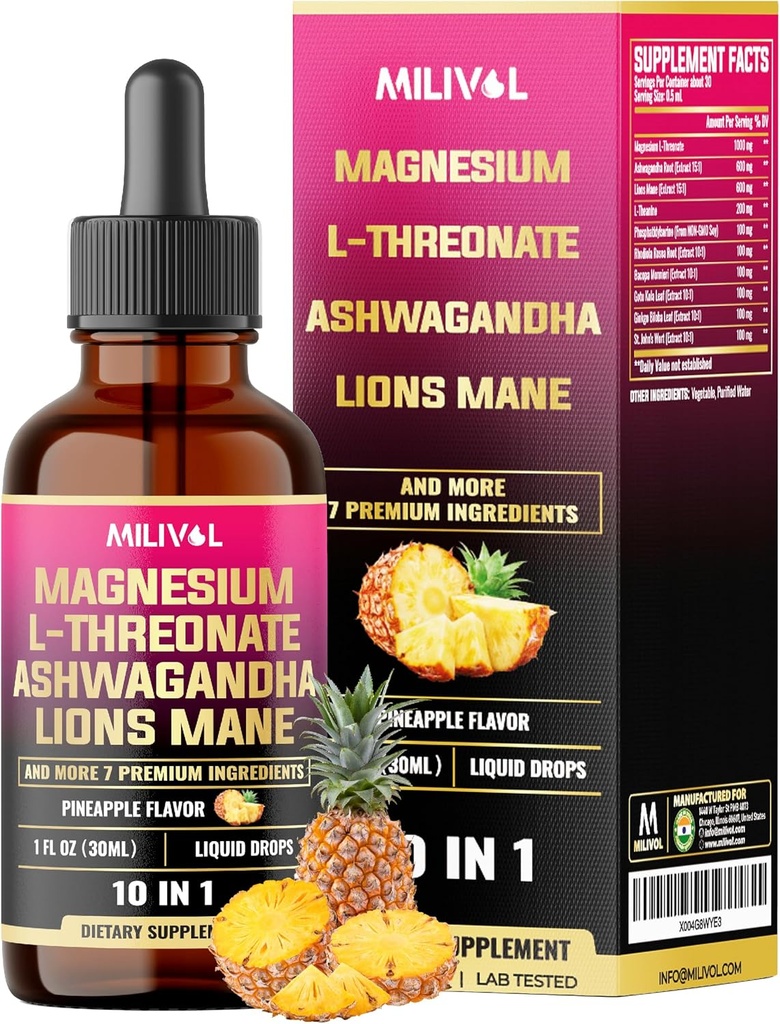 10in1 Magnesium L-Threonate נוזל טיפות עם Ashwagadha, Lions Mane & 7 More Herbals - 1 Fl Oz - Pineapple Flavor